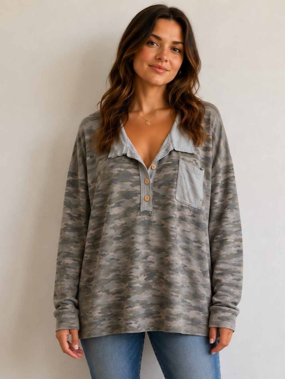 T92 Blue Buttercup Camouflage Henley Contrast Detail Casual Knit Streetwear Cozy